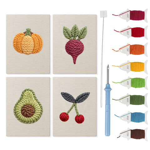 Avocado and Cherries mini punch needle kit set: four finished canvases with threads, punch needle and threader