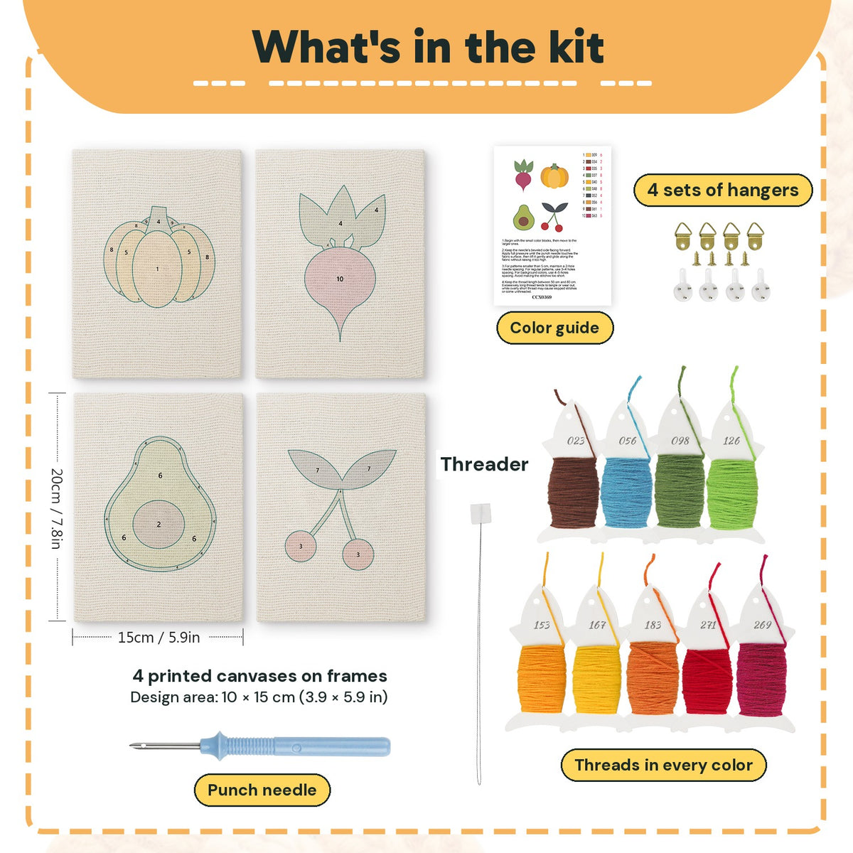What is in the Avocado and Cherries set: 4 printed canvases, punch needle, threader, threads, color guide and 4 sets of hangers (6 × 8 in (15 × 20 cm) each)