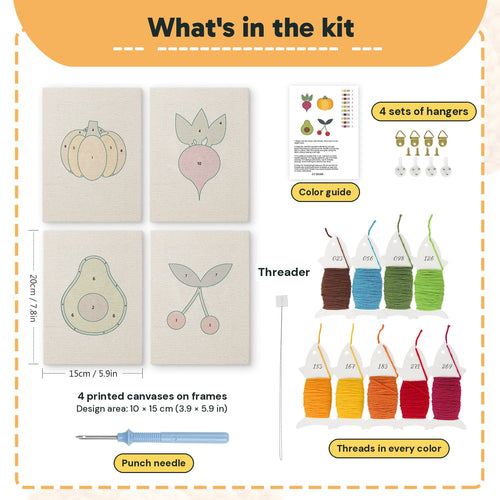 What is in the Avocado and Cherries set: 4 printed canvases, punch needle, threader, threads, color guide and 4 sets of hangers (6 × 8 in (15 × 20 cm) each)