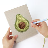 Punching a Avocado and Cherries mini canvas with the punch needle
