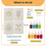 What is in the Avocado and Cherries set, 8 × 12 in (20 × 30 cm) each: 4 printed canvases, punch needle, threader, threads, color guide and 4 sets of hangers
