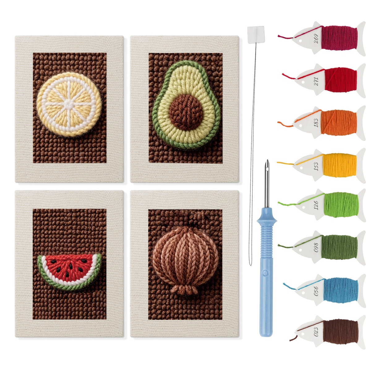 Avocado Watermelon mini punch needle kit set: four finished canvases with threads, punch needle and threader