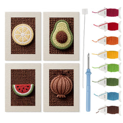 Avocado Watermelon mini punch needle kit set: four finished canvases with threads, punch needle and threader