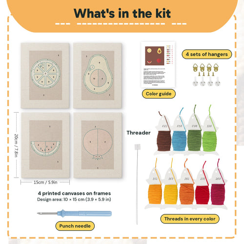 What is in the Avocado Watermelon set: 4 printed canvases, punch needle, threader, threads, color guide and 4 sets of hangers (6 × 8 in (15 × 20 cm) each)