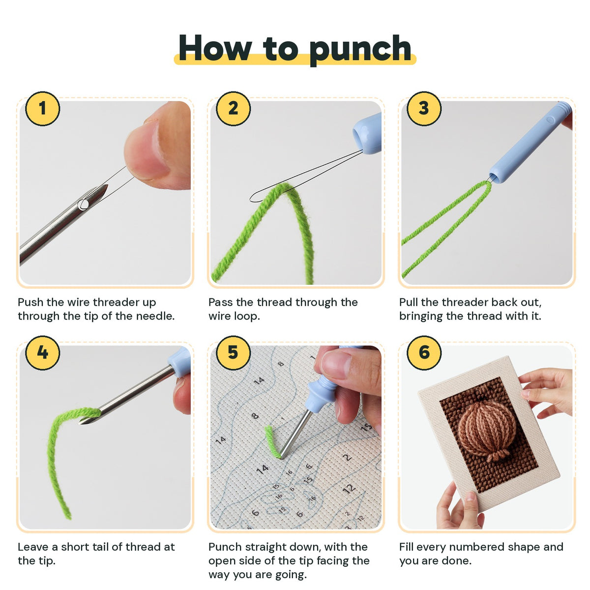 Six steps showing how to thread and use the punch needle
