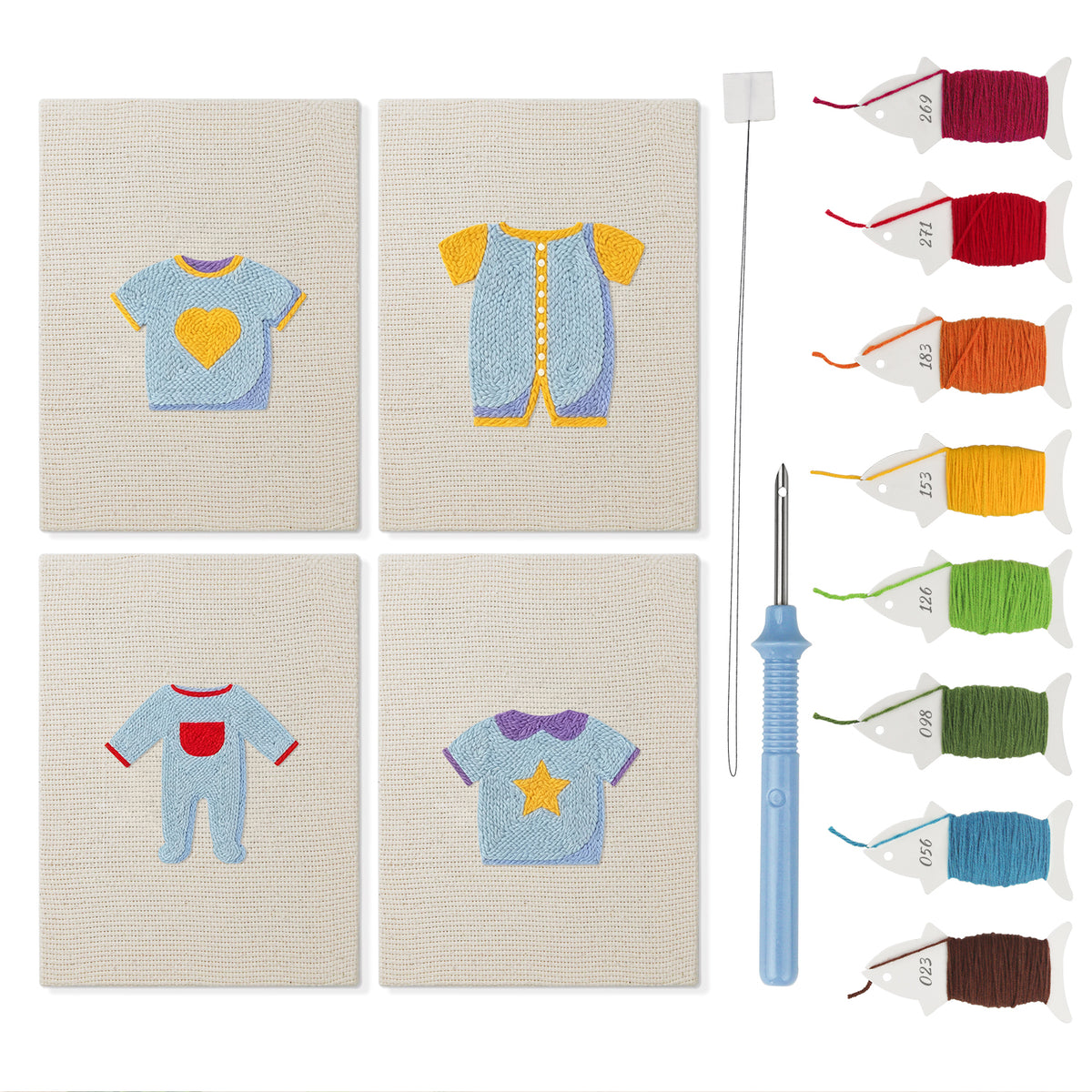 Baby Blue Outfits mini punch needle kit set: four finished canvases with threads, punch needle and threader