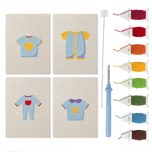 Baby Blue Outfits mini punch needle kit set: four finished canvases with threads, punch needle and threader
