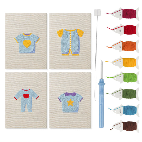 Baby Blue Outfits mini punch needle kit set: four finished canvases with threads, punch needle and threader