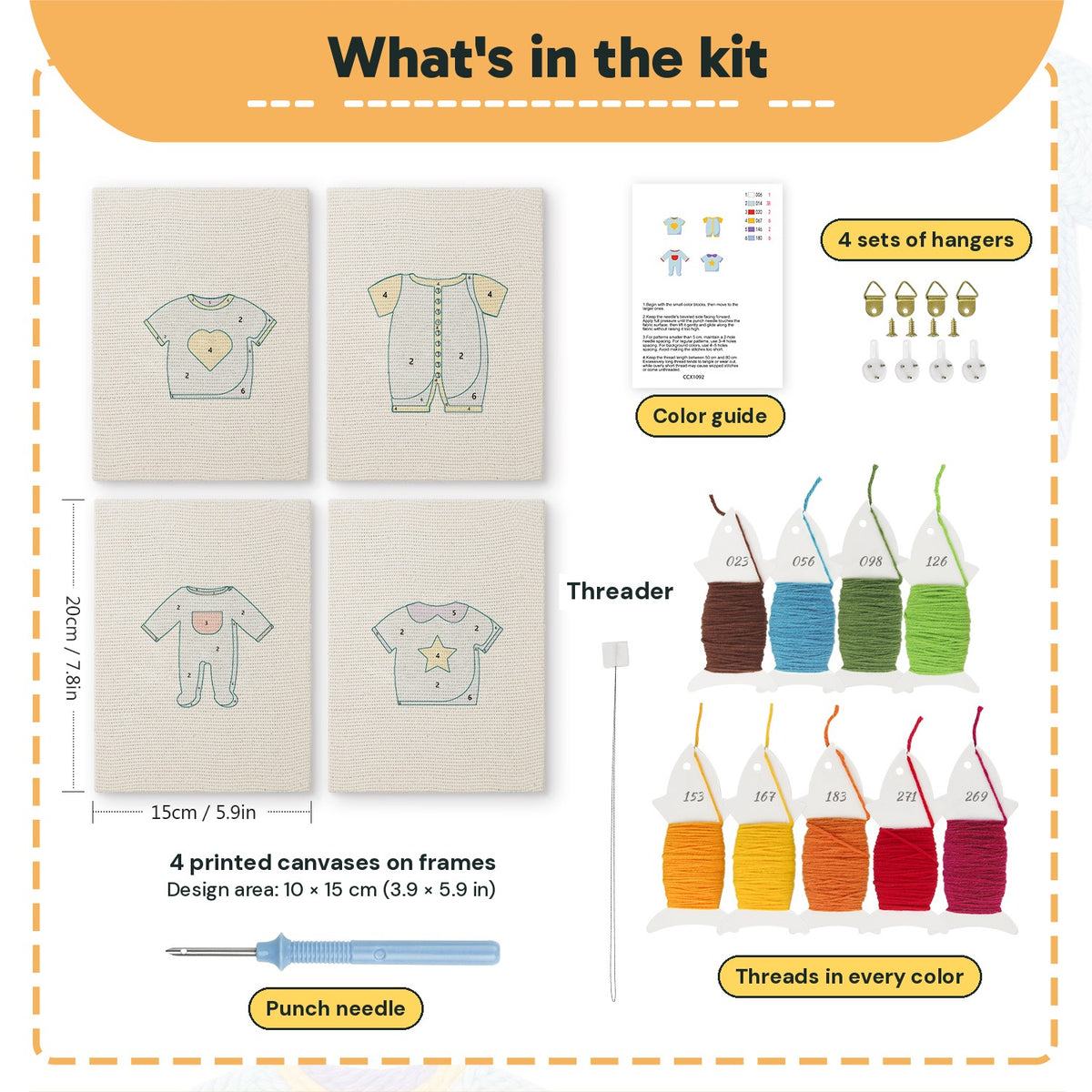What is in the Baby Blue Outfits set: 4 printed canvases, punch needle, threader, threads, color guide and 4 sets of hangers (6 × 8 in (15 × 20 cm) each)