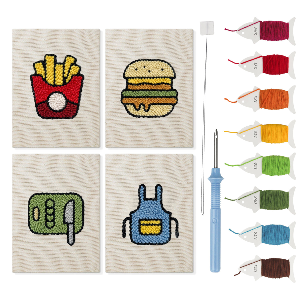 Backyard Burger Cook mini punch needle kit set: four finished canvases with threads, punch needle and threader