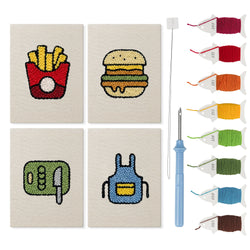 Backyard Burger Cook mini punch needle kit set: four finished canvases with threads, punch needle and threader