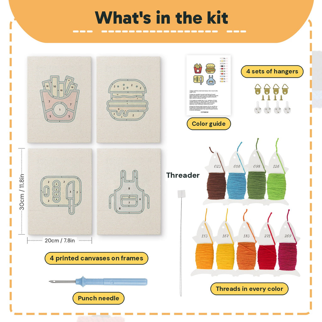 What is in the Backyard Burger Cook set, 8 × 12 in (20 × 30 cm) each: 4 printed canvases, punch needle, threader, threads, color guide and 4 sets of hangers