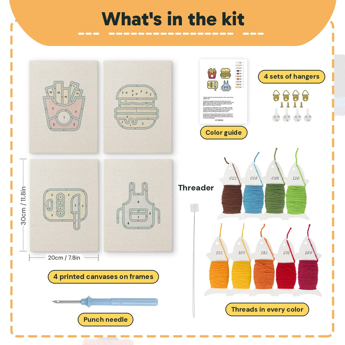 What is in the Backyard Burger Cook set, 8 × 12 in (20 × 30 cm) each: 4 printed canvases, punch needle, threader, threads, color guide and 4 sets of hangers