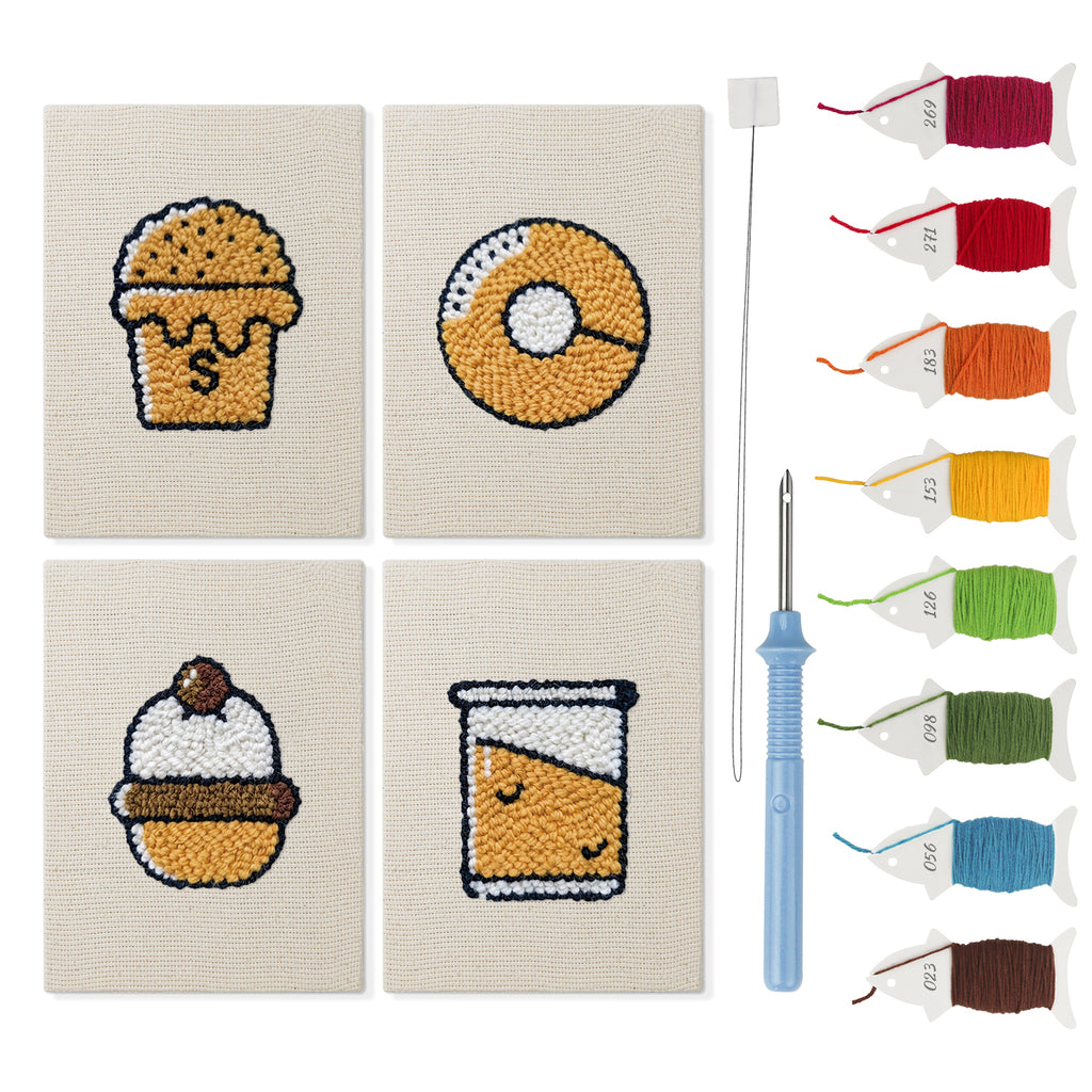 Bakery Treats mini punch needle kit set: four finished canvases with threads, punch needle and threader