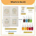 What is in the Bakery Treats set: 4 printed canvases, punch needle, threader, threads, color guide and 4 sets of hangers (6 × 8 in (15 × 20 cm) each)