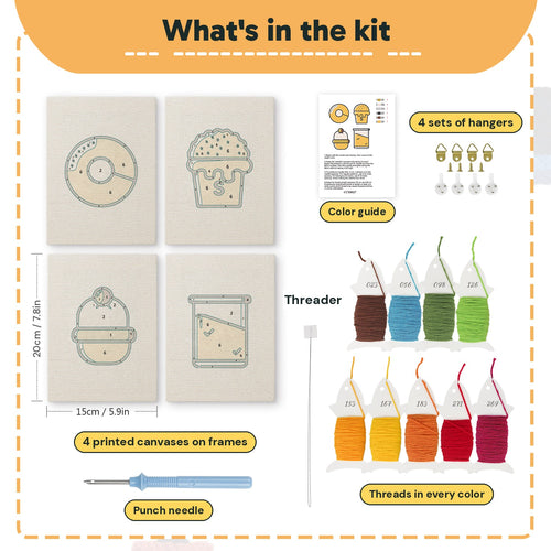 What is in the Bakery Treats set: 4 printed canvases, punch needle, threader, threads, color guide and 4 sets of hangers (6 × 8 in (15 × 20 cm) each)
