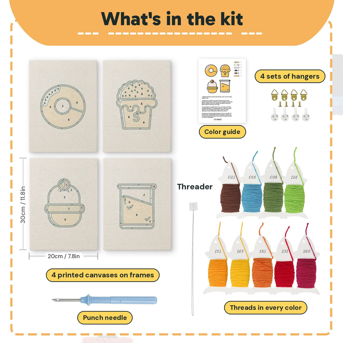 What is in the Bakery Treats set, 8 × 12 in (20 × 30 cm) each: 4 printed canvases, punch needle, threader, threads, color guide and 4 sets of hangers