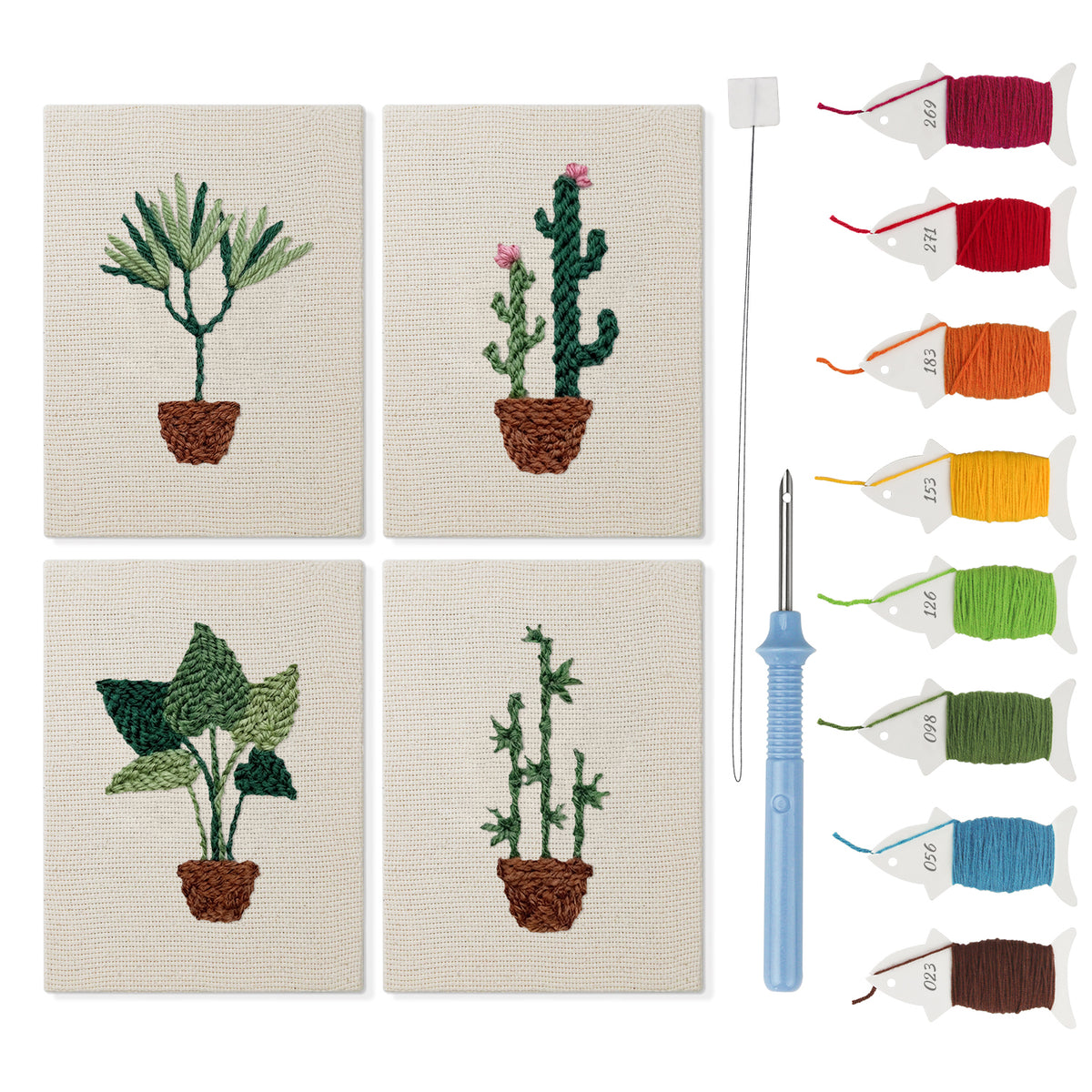 Bamboo Palm Pots mini punch needle kit set: four finished canvases with threads, punch needle and threader
