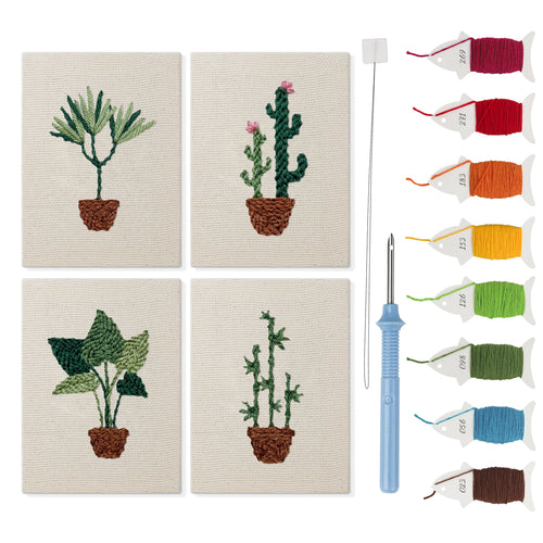 Bamboo Palm Pots mini punch needle kit set: four finished canvases with threads, punch needle and threader