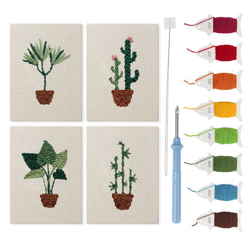 Bamboo Palm Pots mini punch needle kit set: four finished canvases with threads, punch needle and threader