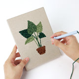 Punching a Bamboo Palm Pots mini canvas with the punch needle