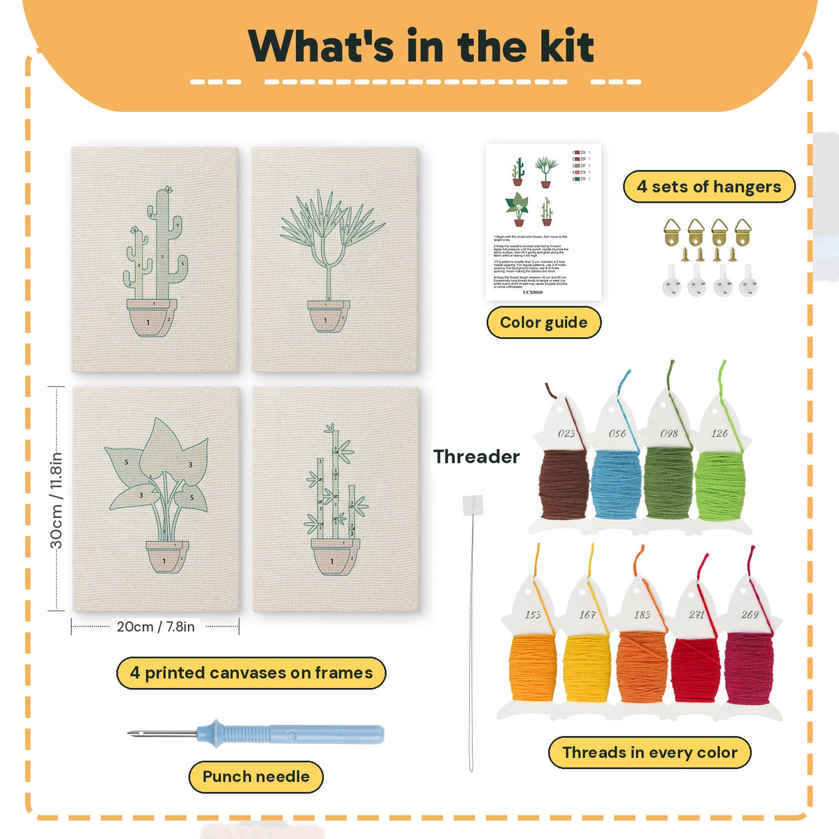 What is in the Bamboo Palm Pots set, 8 × 12 in (20 × 30 cm) each: 4 printed canvases, punch needle, threader, threads, color guide and 4 sets of hangers