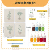 What is in the Bamboo Palm Pots set, 8 × 12 in (20 × 30 cm) each: 4 printed canvases, punch needle, threader, threads, color guide and 4 sets of hangers