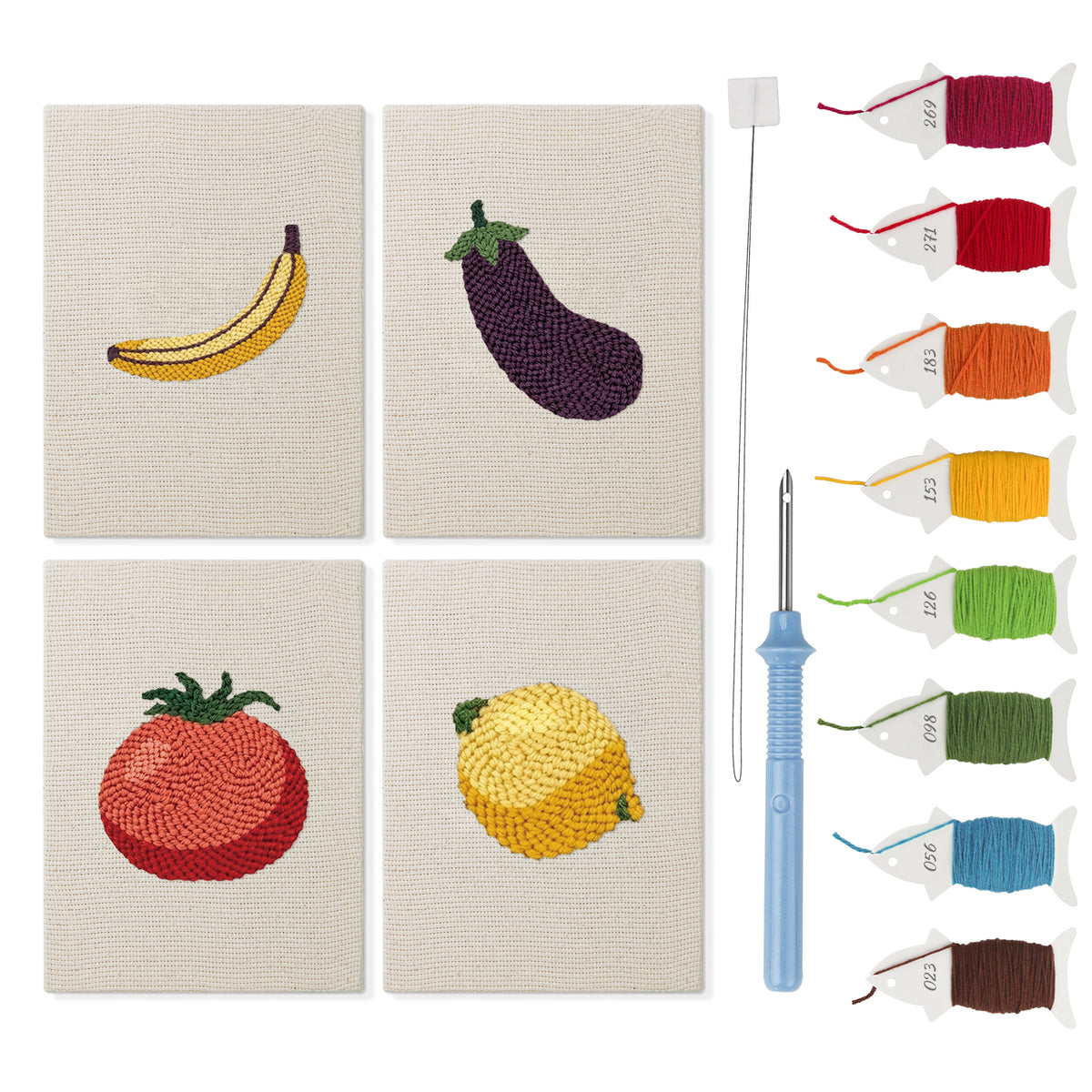 Banana and Eggplant mini punch needle kit set: four finished canvases with threads, punch needle and threader