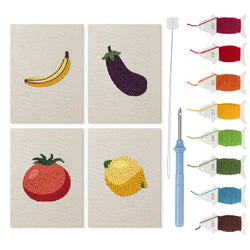 Banana and Eggplant mini punch needle kit set: four finished canvases with threads, punch needle and threader
