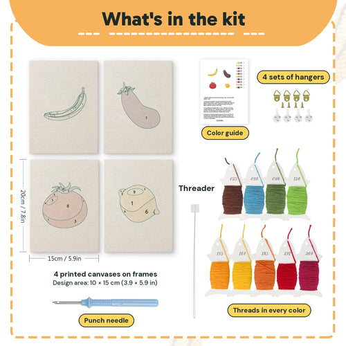 What is in the Banana and Eggplant set: 4 printed canvases, punch needle, threader, threads, color guide and 4 sets of hangers (6 × 8 in (15 × 20 cm) each)