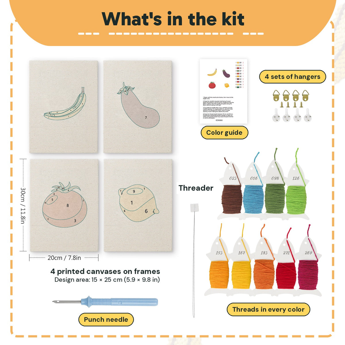 What is in the Banana and Eggplant set, 8 × 12 in (20 × 30 cm) each: 4 printed canvases, punch needle, threader, threads, color guide and 4 sets of hangers