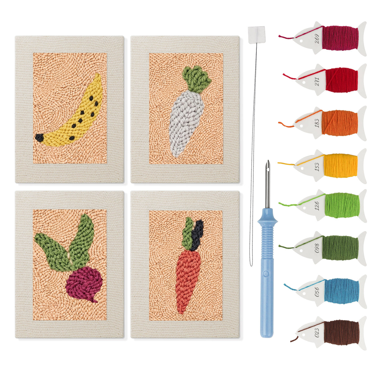 Banana and Radish mini punch needle kit set: four finished canvases with threads, punch needle and threader