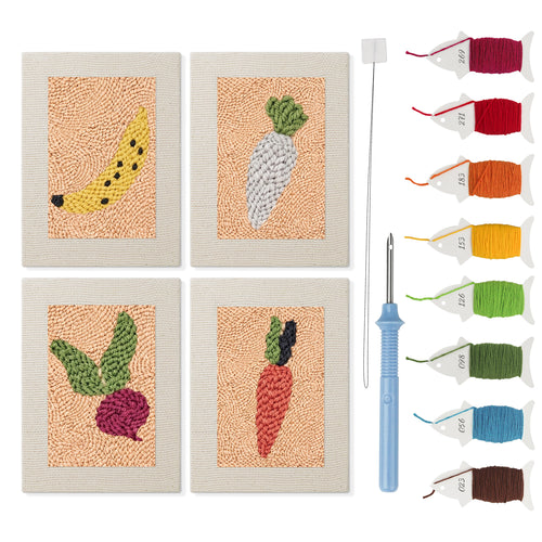 Banana and Radish mini punch needle kit set: four finished canvases with threads, punch needle and threader