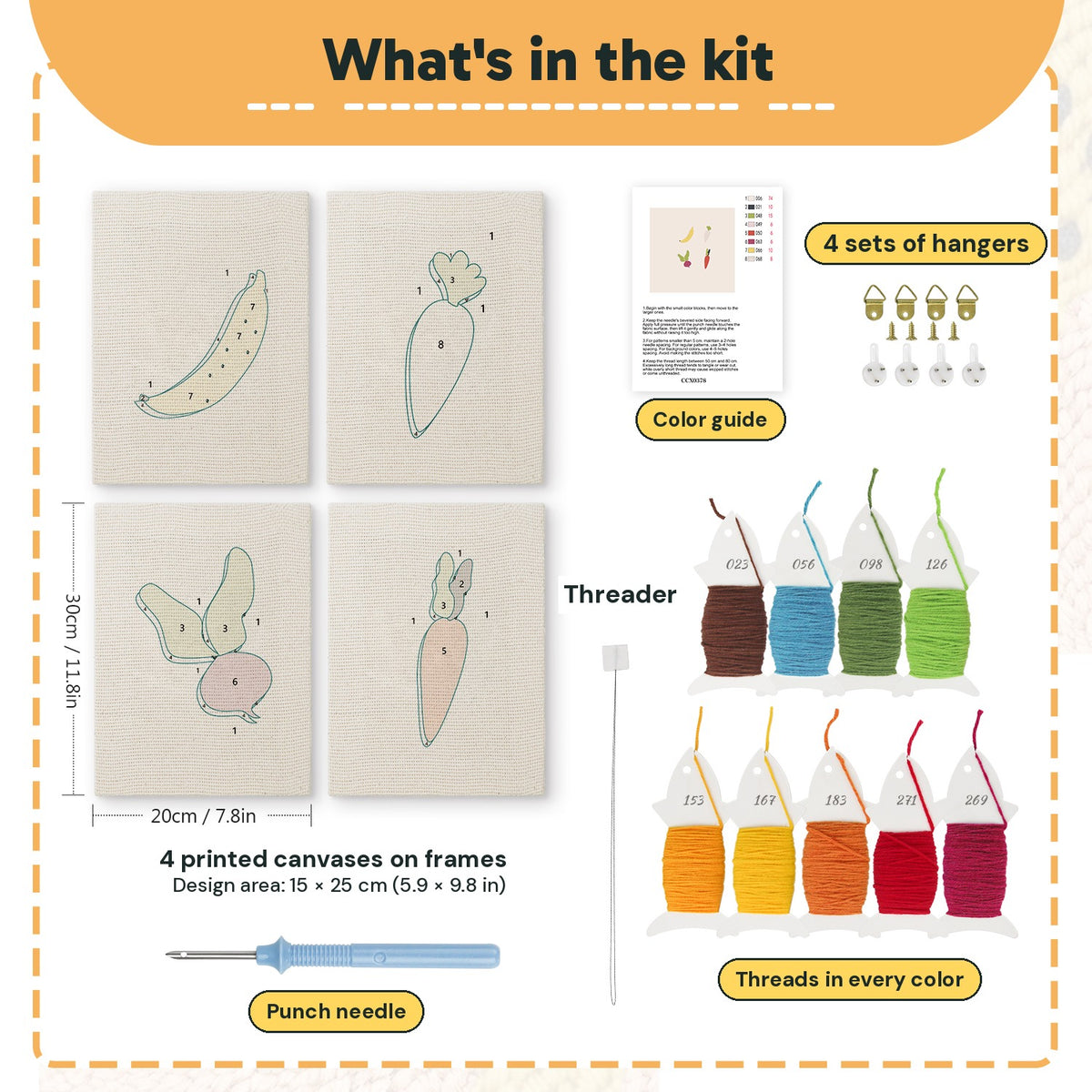 What is in the Banana and Radish set, 8 × 12 in (20 × 30 cm) each: 4 printed canvases, punch needle, threader, threads, color guide and 4 sets of hangers
