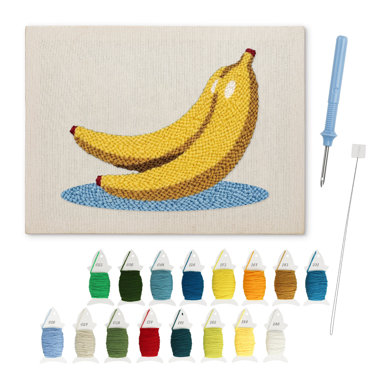 Banana Bunch punch needle kit: finished canvas with threads, punch needle and threader
