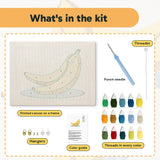What is in the Banana Bunch kit: printed canvas, punch needle, threader, threads, color guide and hangers