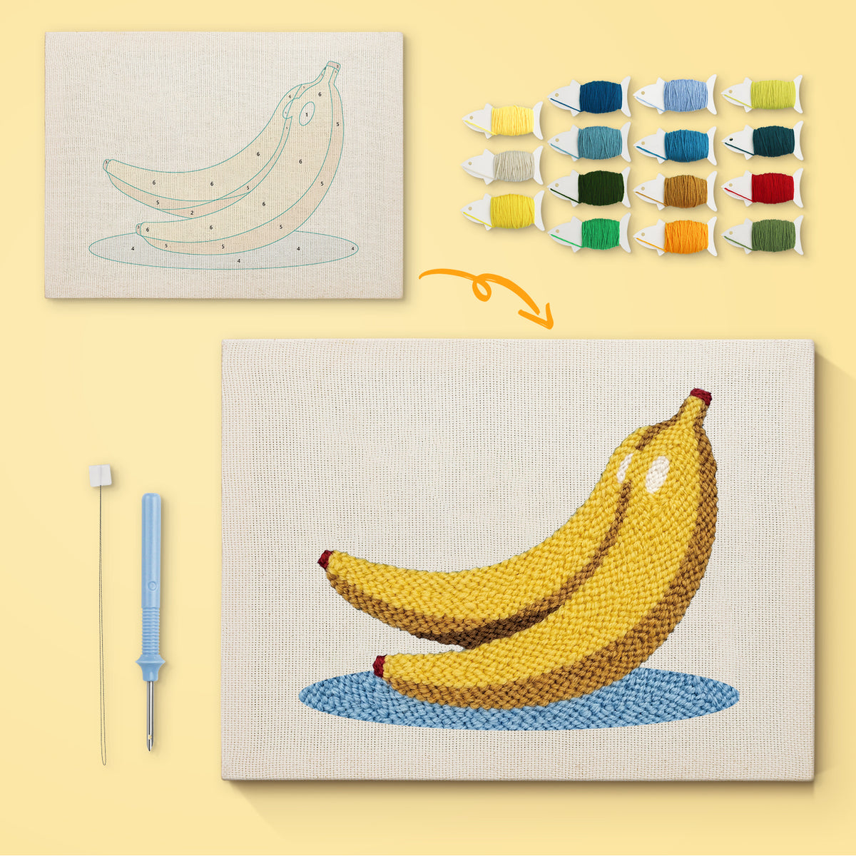 Banana Bunch canvas before and after punching, with the threads and tools