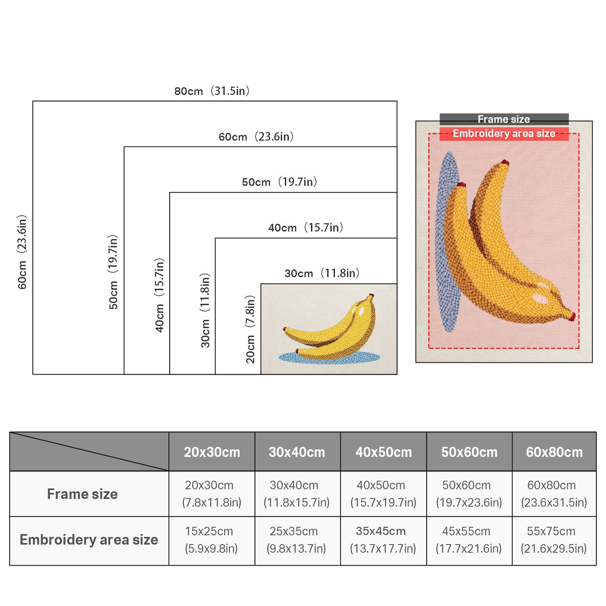 Size chart for punch needle kits from 20 x 30 cm to 60 x 80 cm
