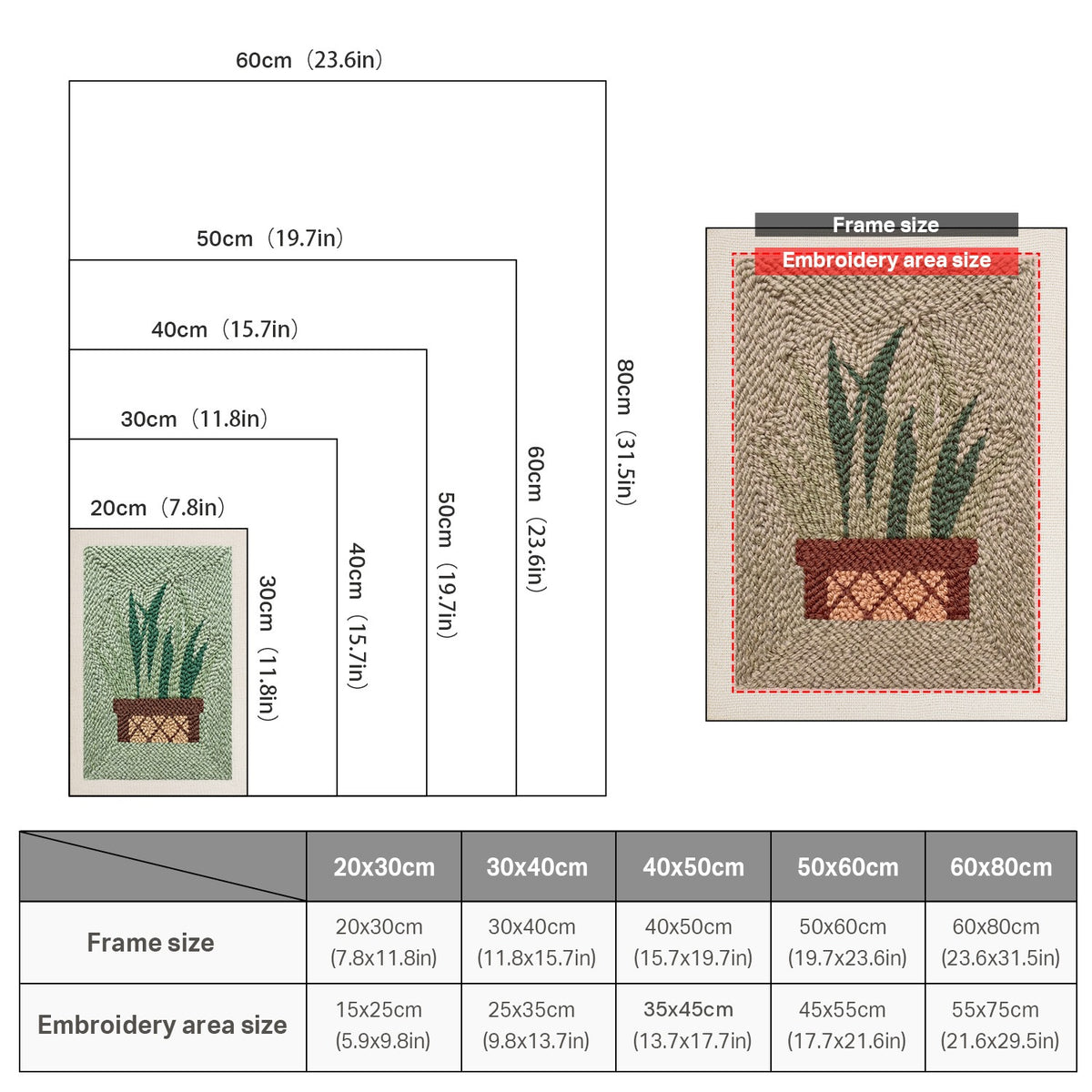 Size chart for punch needle kits from 20 x 30 cm to 60 x 80 cm