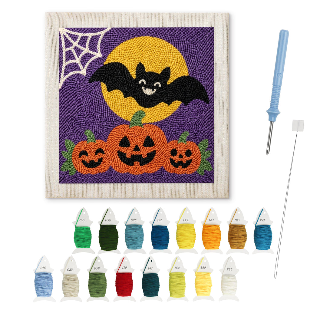 Bat and Three Pumpkins punch needle kit: finished canvas with threads, punch needle and threader
