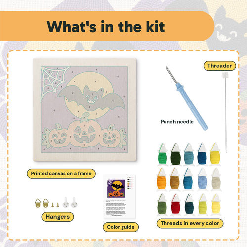 What is in the Bat and Three Pumpkins kit: printed canvas, punch needle, threader, threads, color guide and hangers