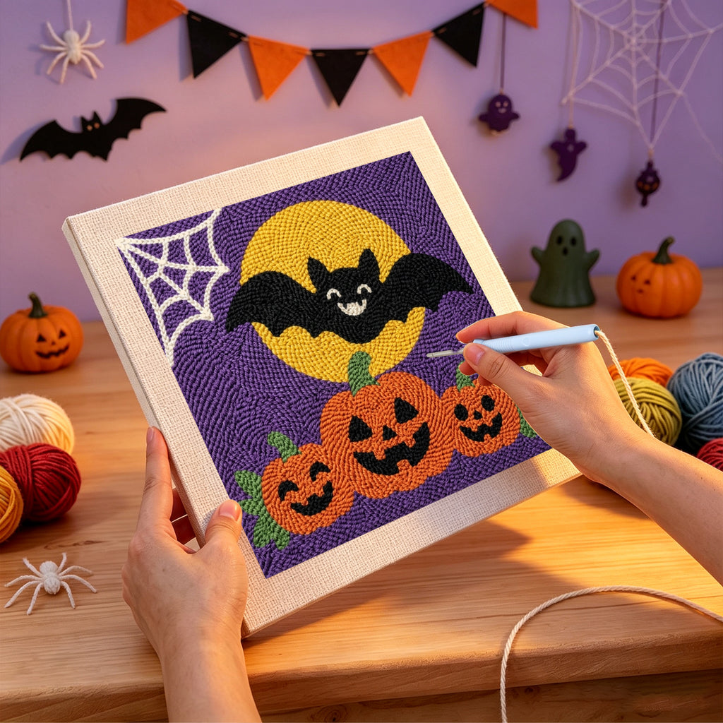 Punching the Bat and Three Pumpkins design with the punch needle