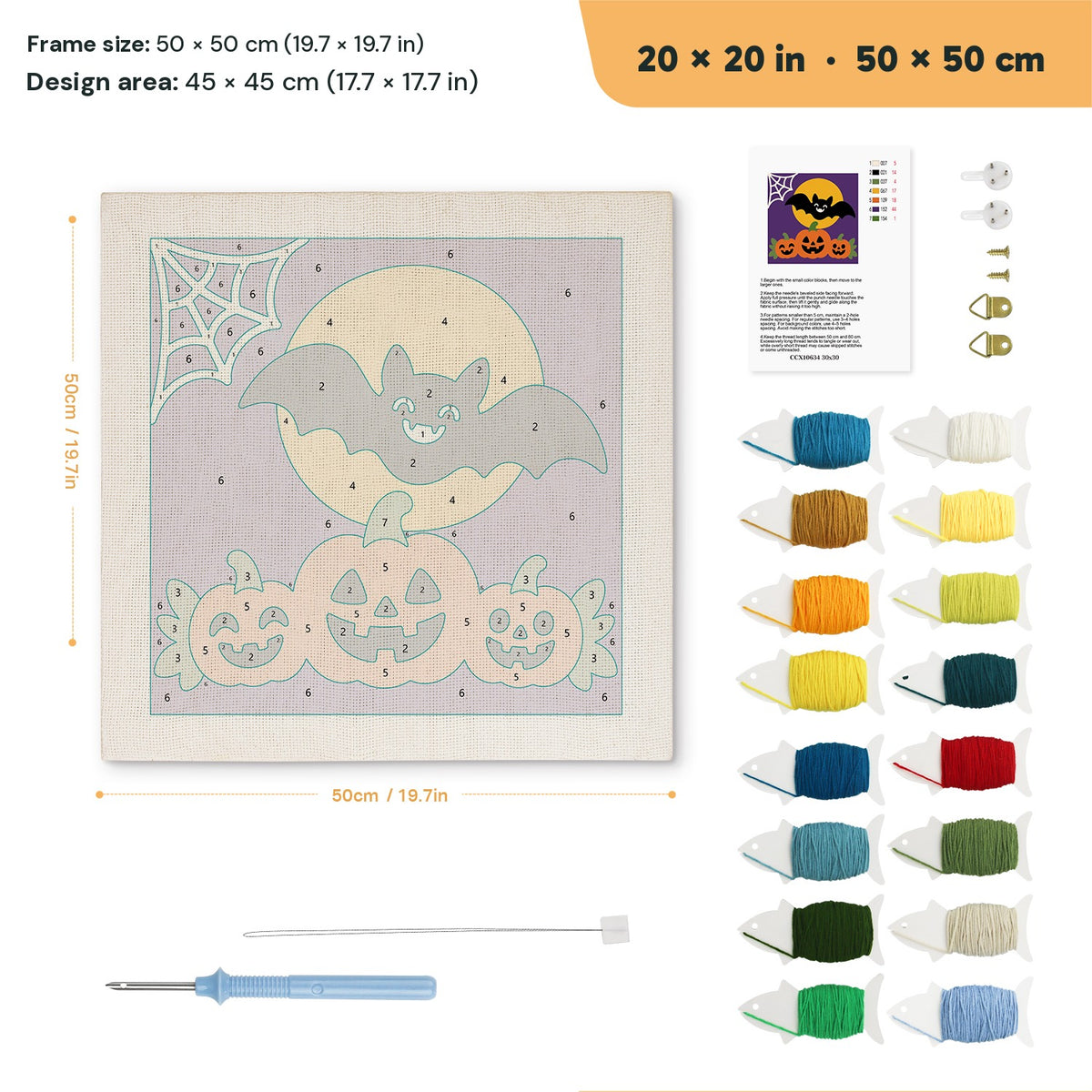 Bat and Three Pumpkins punch needle kit, 20 × 20 in (50 × 50 cm): canvas size and kit contents