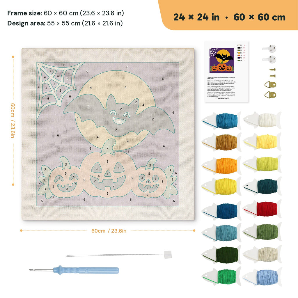 Bat and Three Pumpkins punch needle kit, 24 × 24 in (60 × 60 cm): canvas size and kit contents