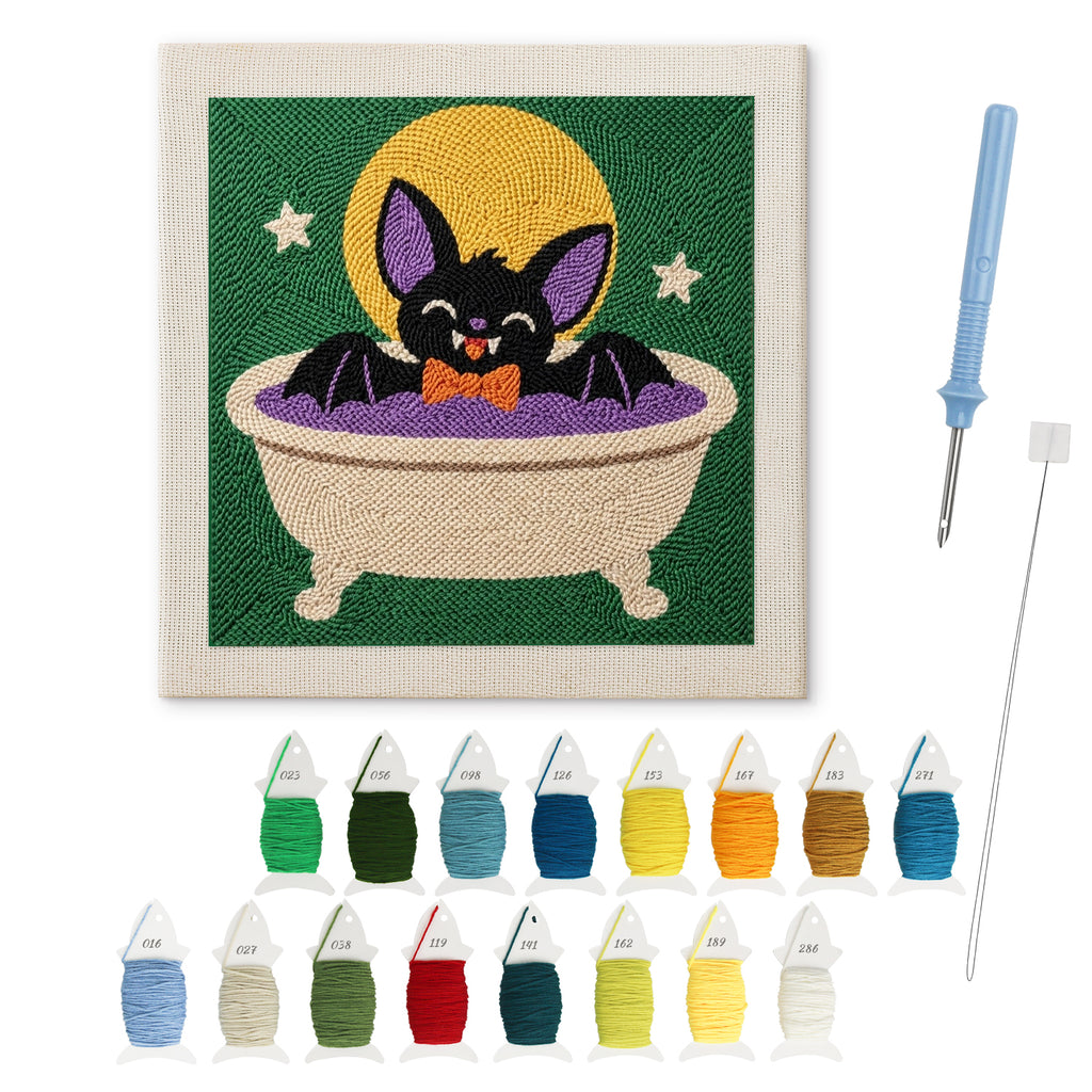 Bat Cat Bath punch needle kit: finished canvas with threads, punch needle and threader