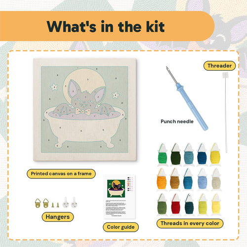 What is in the Bat Cat Bath kit: printed canvas, punch needle, threader, threads, color guide and hangers