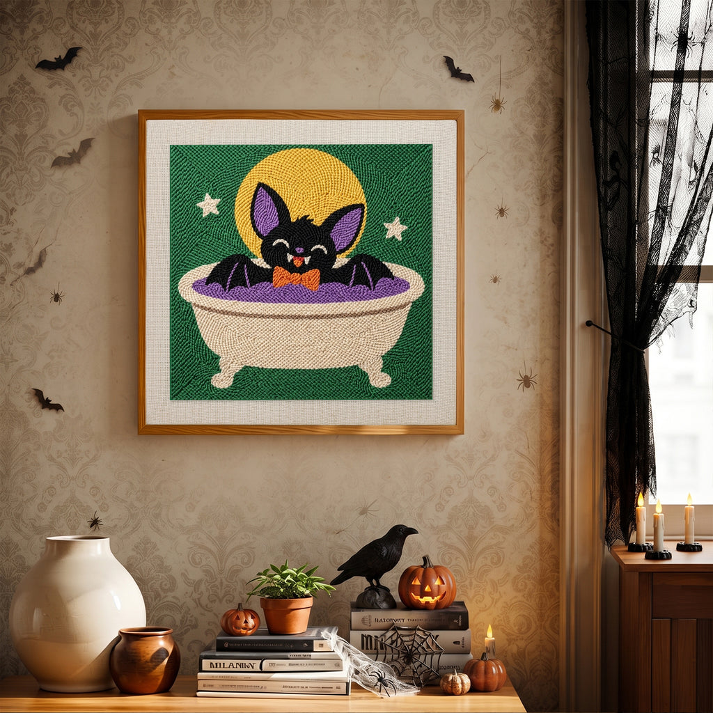 Finished Bat Cat Bath punch needle canvas on a wall