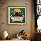 Finished Bat Cat Bath punch needle canvas on a wall