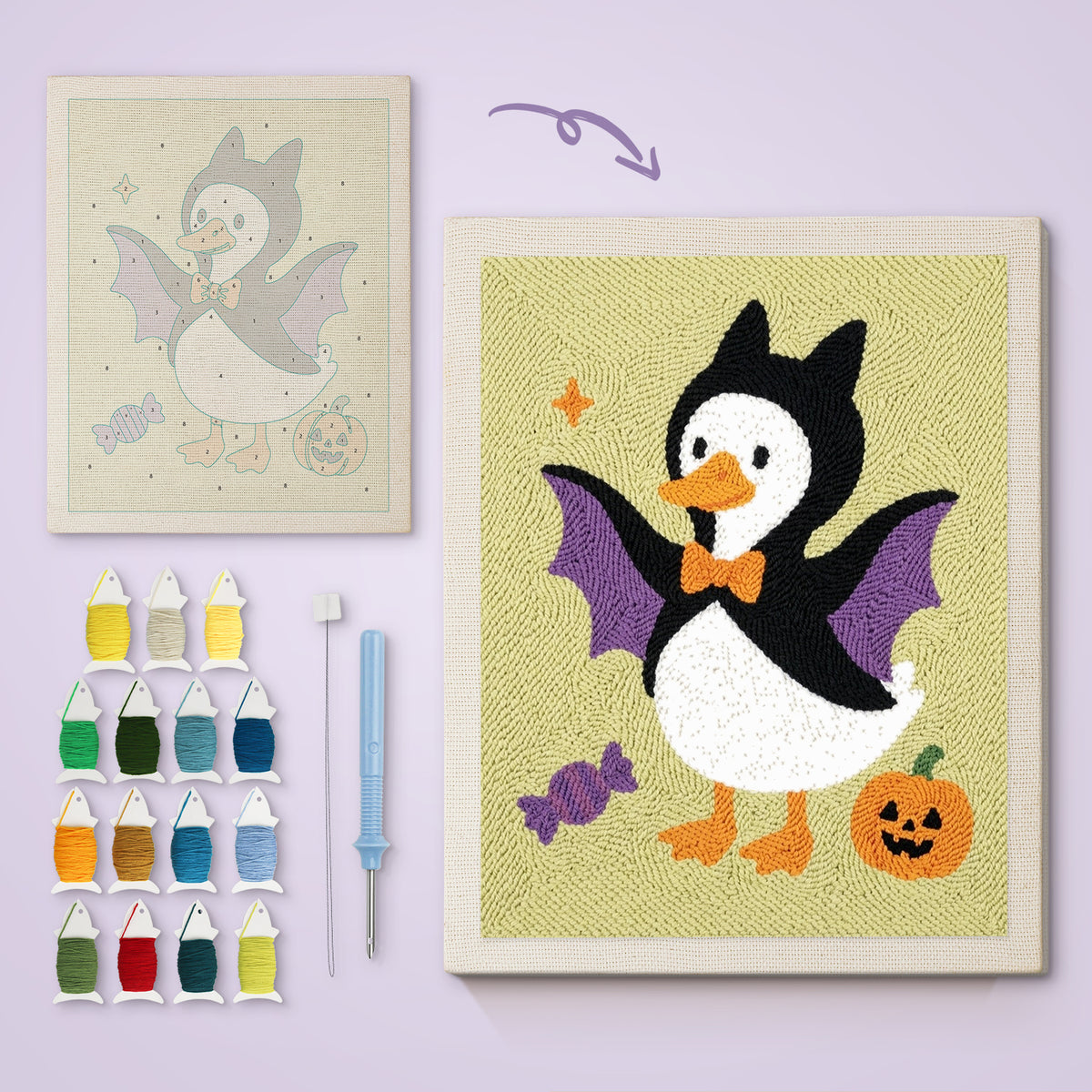 Bat Costume Goose canvas before and after punching, with the threads and tools