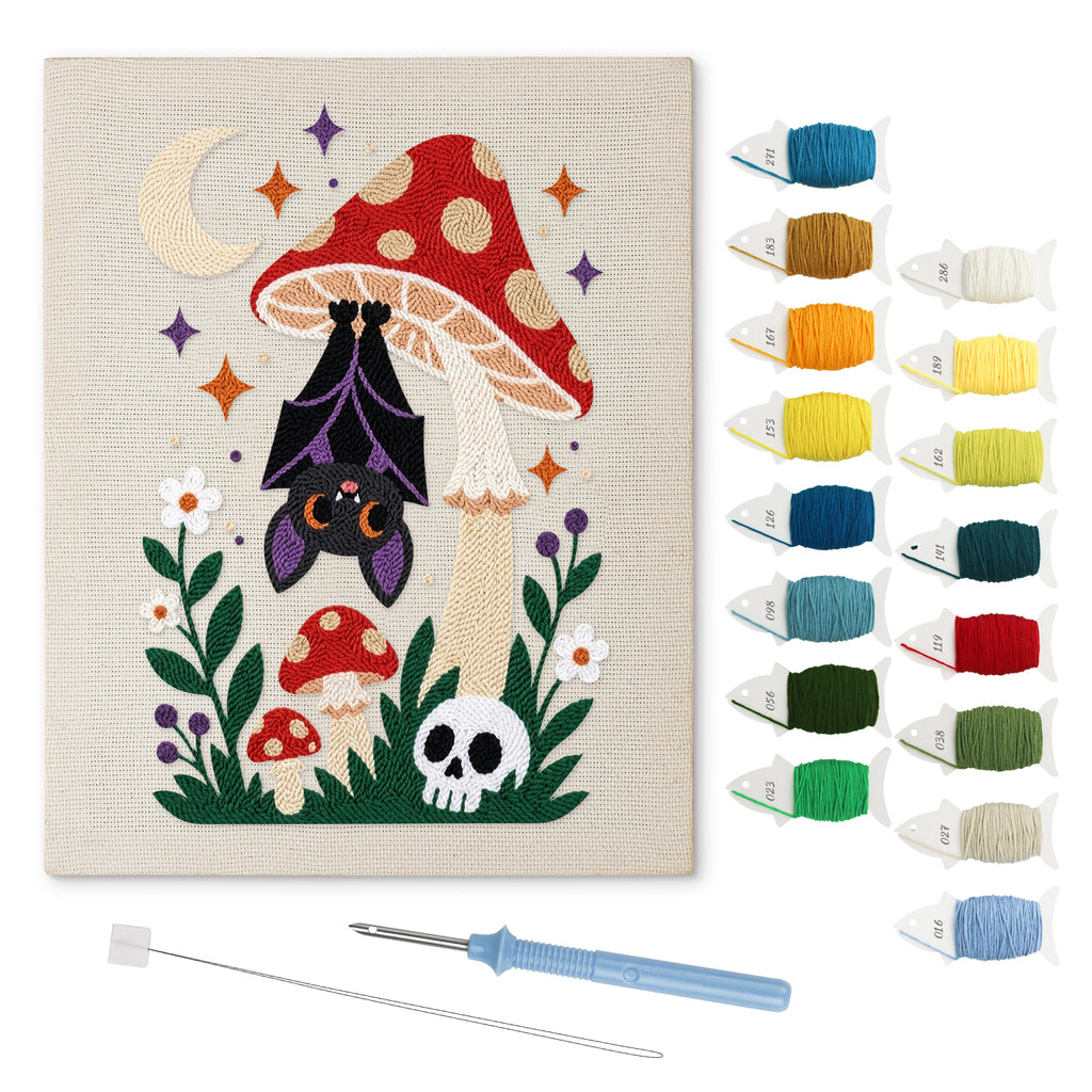 Bat Under a Toadstool punch needle kit: finished canvas with threads, punch needle and threader